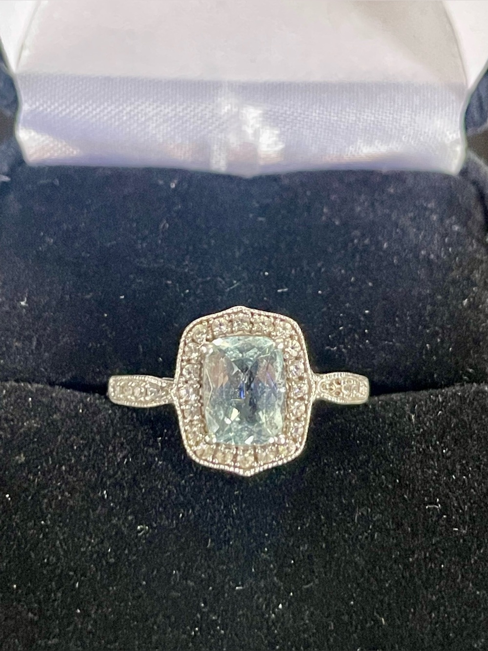 VTG Dominique Denaive Sterling Silver 925 Cushion Cut Aquamarine Halo Ring